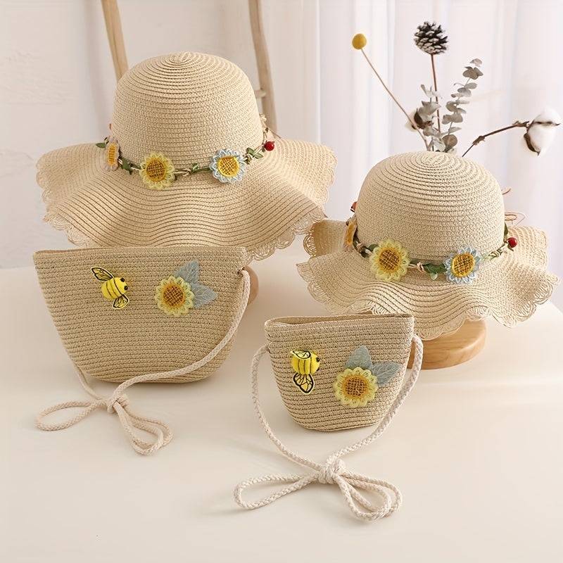Girls' Beach Princess Straw Sun Hat with Flowers and Bag