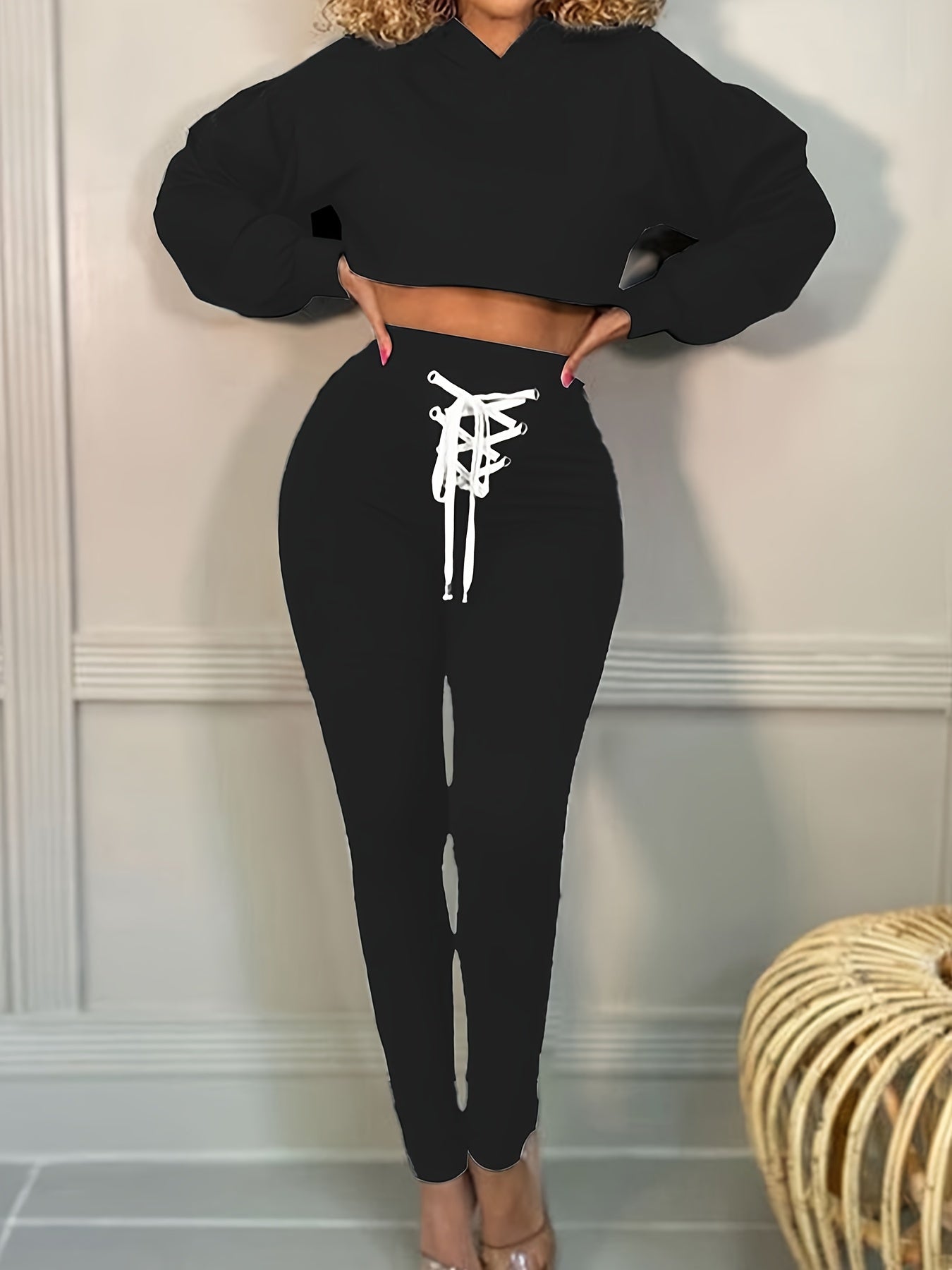 Women's Long Sleeve Hooded Crop Top & Lace Pants Set