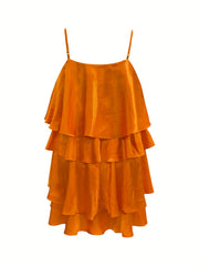 Casual Summer Dress Solid Satin Round Neck Layered Mini Cami Dress