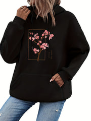 Cherry Tree Print Kangaroo Pocket Hoodie Women's Sweatshirt
