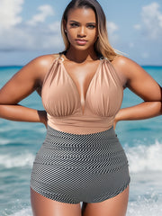 Striped Print One Piece Swimsuit V Neck Criss Cross Straps Tummy Control