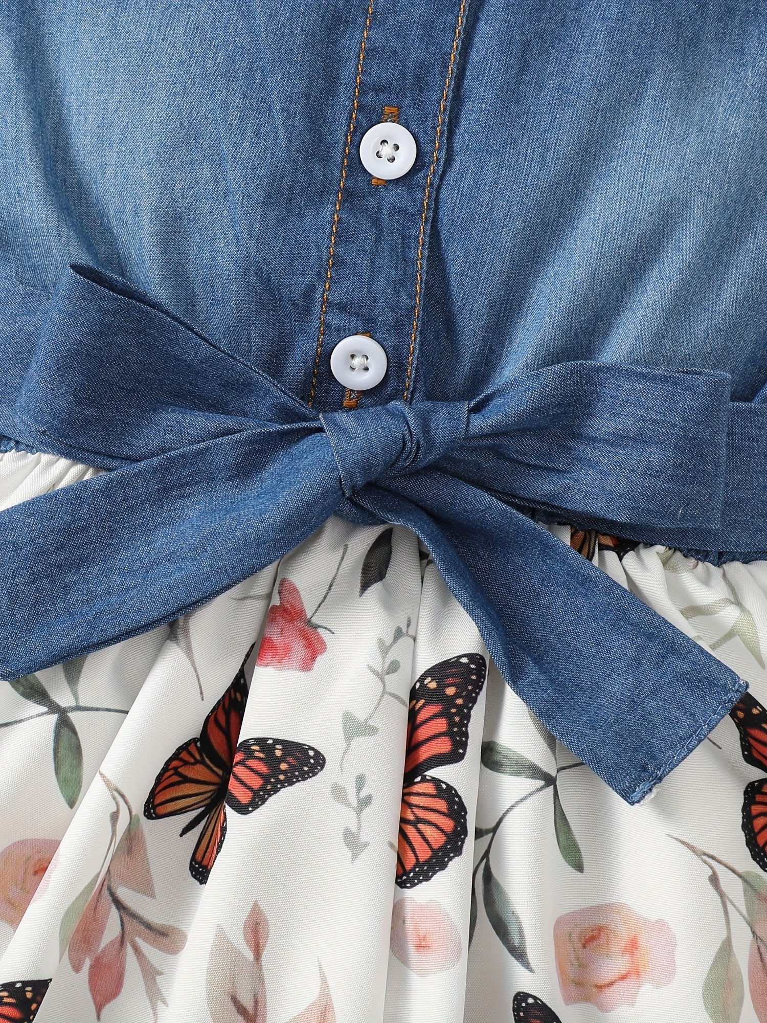 Baby Girls Casual Puffy Denim Dress with Butterflies Print