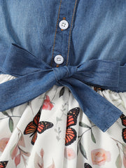 Baby Girls Casual Puffy Denim Dress with Butterflies Print