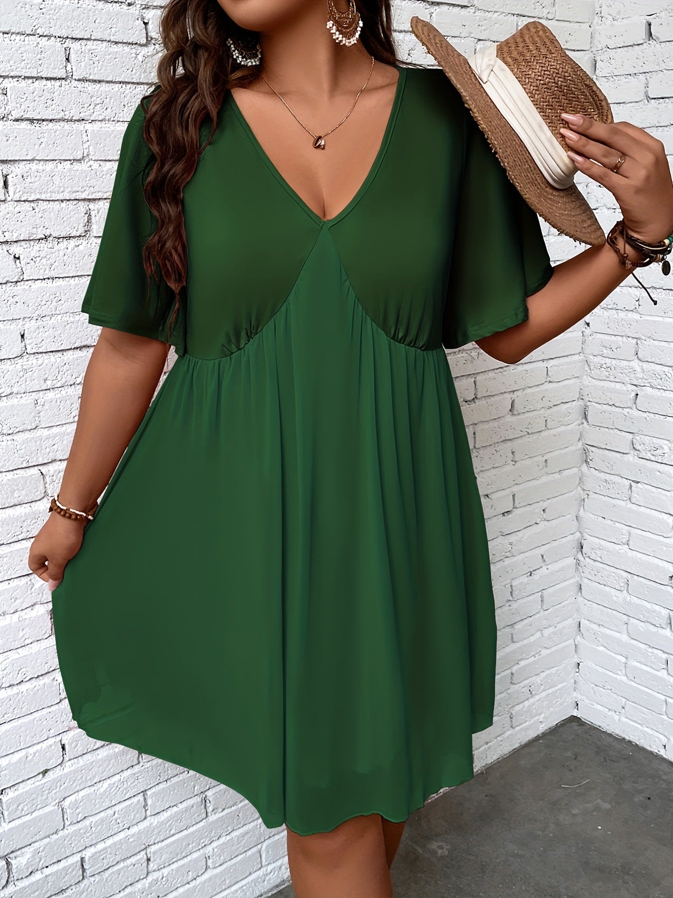 Casual Dress Solid V Neck Short Sleeve Ruched Dress