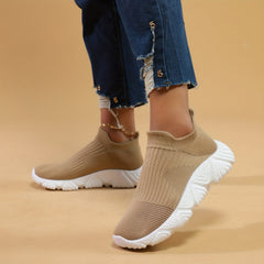 Khaki Slip On Socks Shoes Thick Bottom Breathable Running Shoes