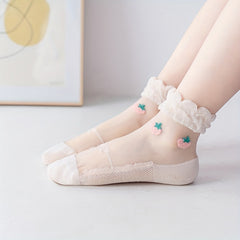 5 Pairs Kids Ice Stockings Ultra-thin Mesh Crystal Socks Cotton Strawberry Lace