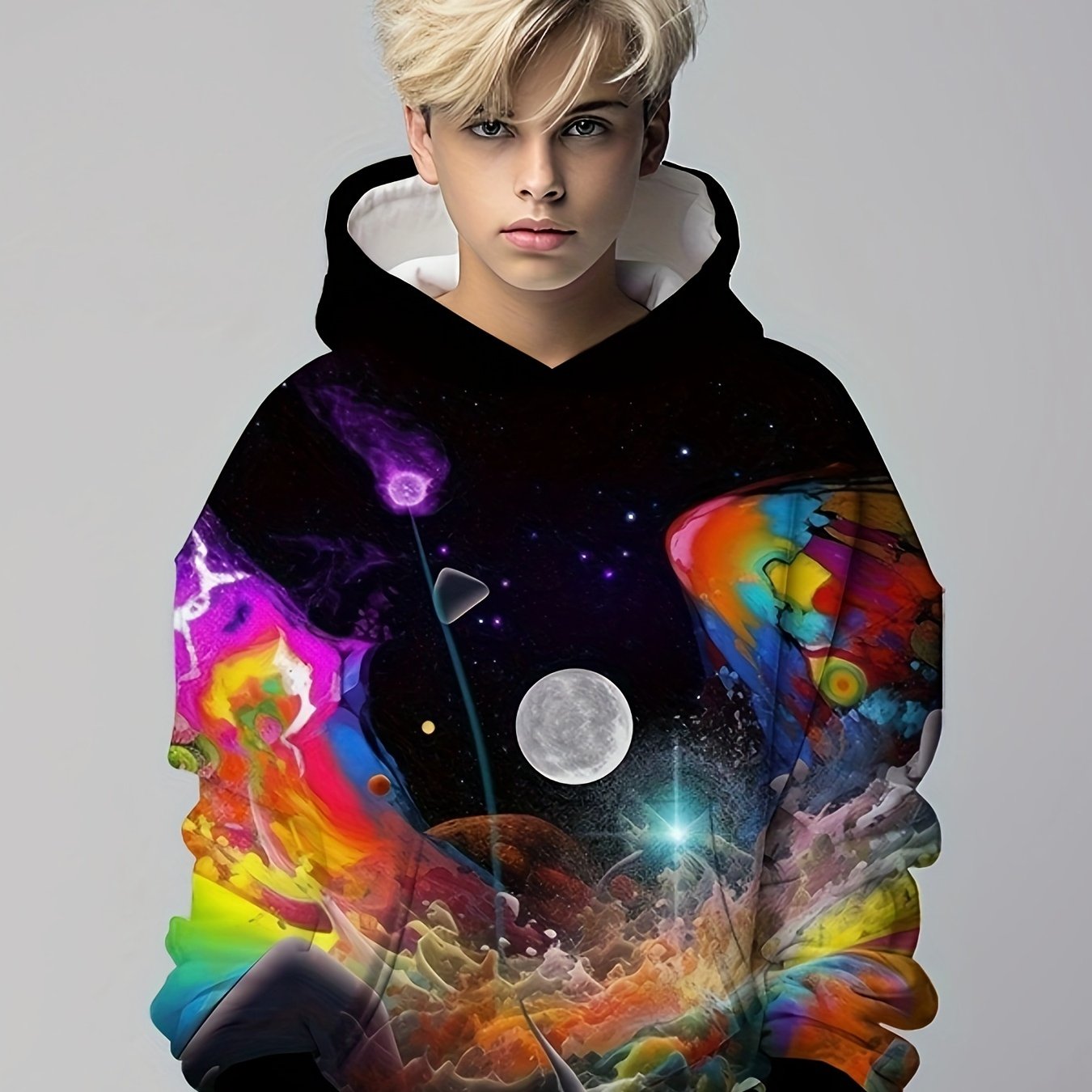 Ocean & Moon Pattern Kid's Hoodie Casual Pullover Long Sleeve Top