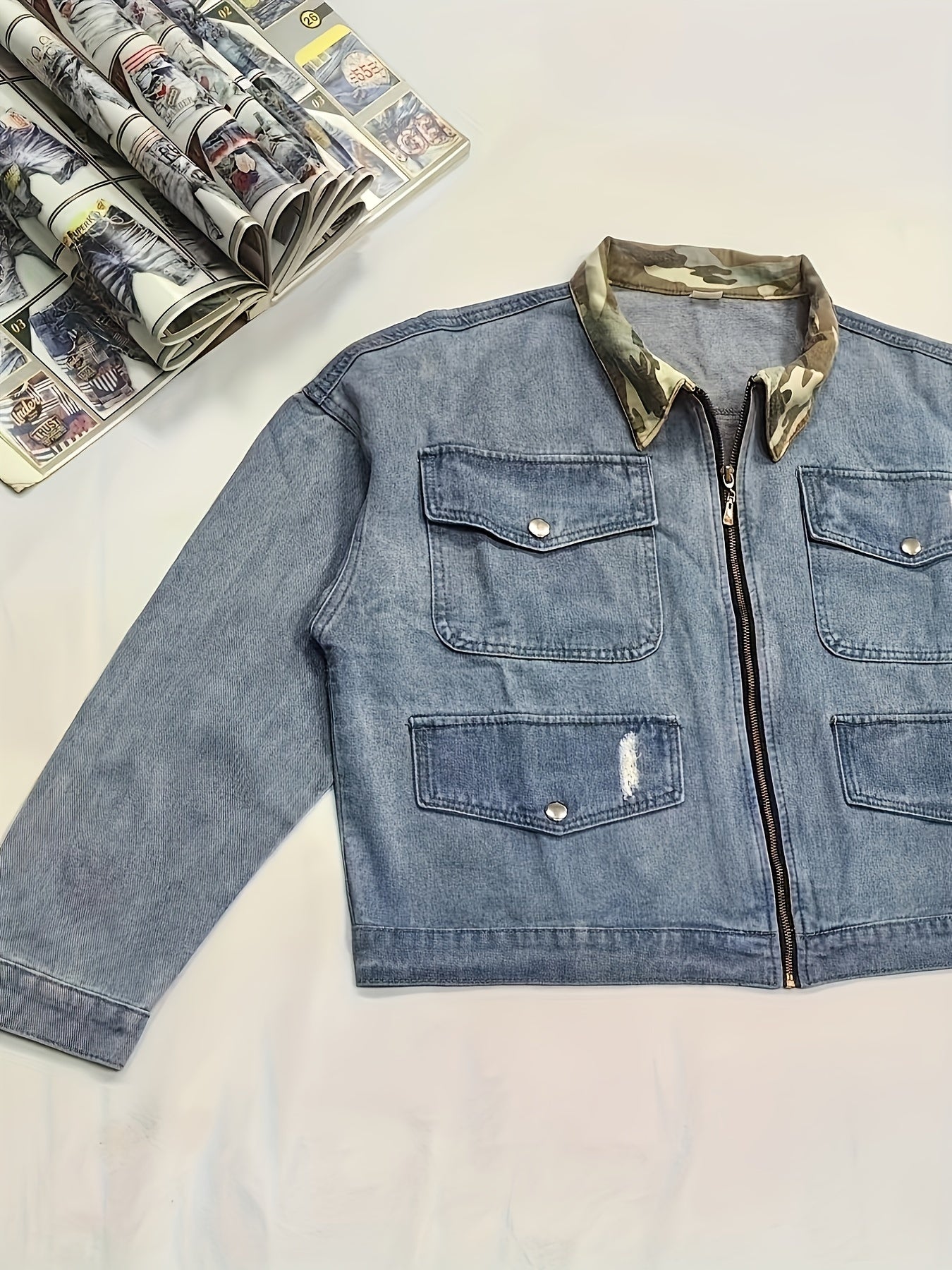 Colorblock Camo Print Denim Jacket