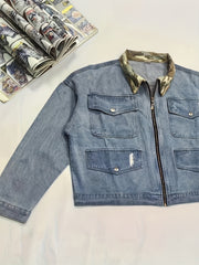Colorblock Camo Print Denim Jacket