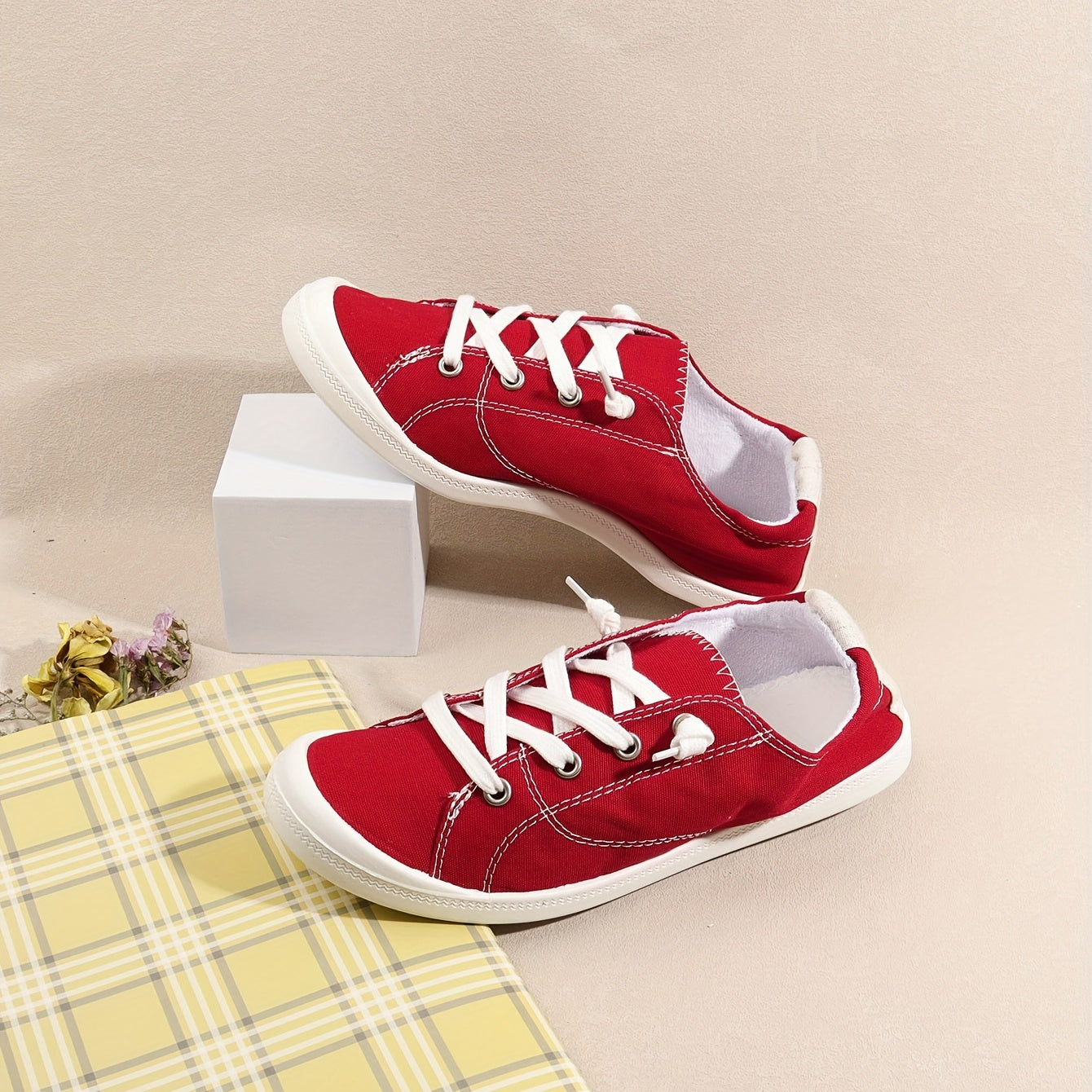 Women's Red Canvas Casual Lace Up Outdoor Shoes