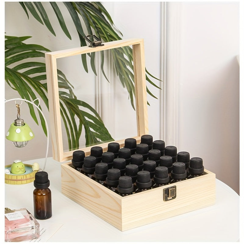 25 Grid Wooden Box With Clear Lid Travel Bottle Display Case