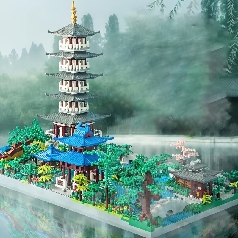 Large Building Blocks Toy with Cherry Blossoms Pagoda, Moonlit River - 3D Model
