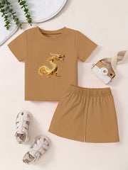 Toddler Dragon Cartoon Print T-shirt & Shorts Set
