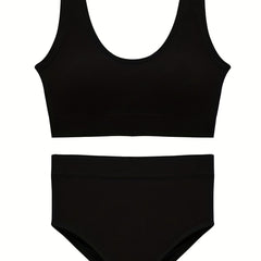 Comfy Sports Bra & Panties Set, Wireless Tank Bra & Elastic Panties