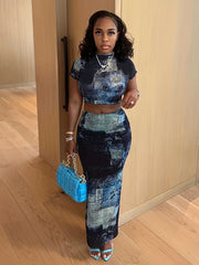 Print Two Piece Skirt Set Mock Neck Crop Top & High Waist Bodycon Skirt