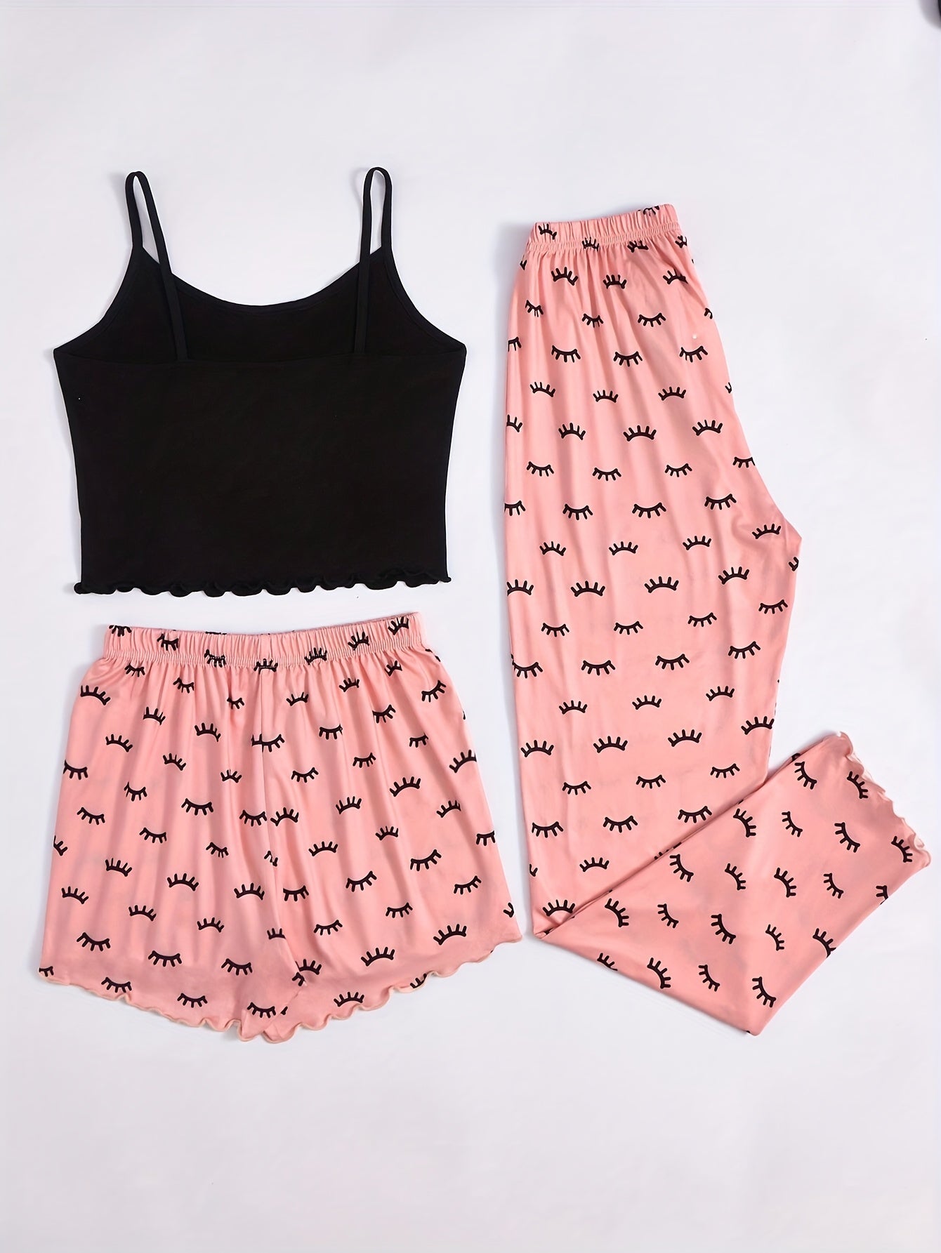 Eyelash Print Pajama Set Cami Top & Shorts & Pants