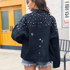 Faux Pearl Beaded Star Pattern Button Detail Denim Coat