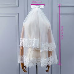 Puffy Headdress Lace Bridal Veil with Comb Satin Bowknot Veil