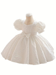 Girl's Preppy Style Puffy Sleeve Bow Dress