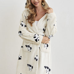 Cartoon Panda Print Hooded Fuzzy Robe Women's Sleepwear