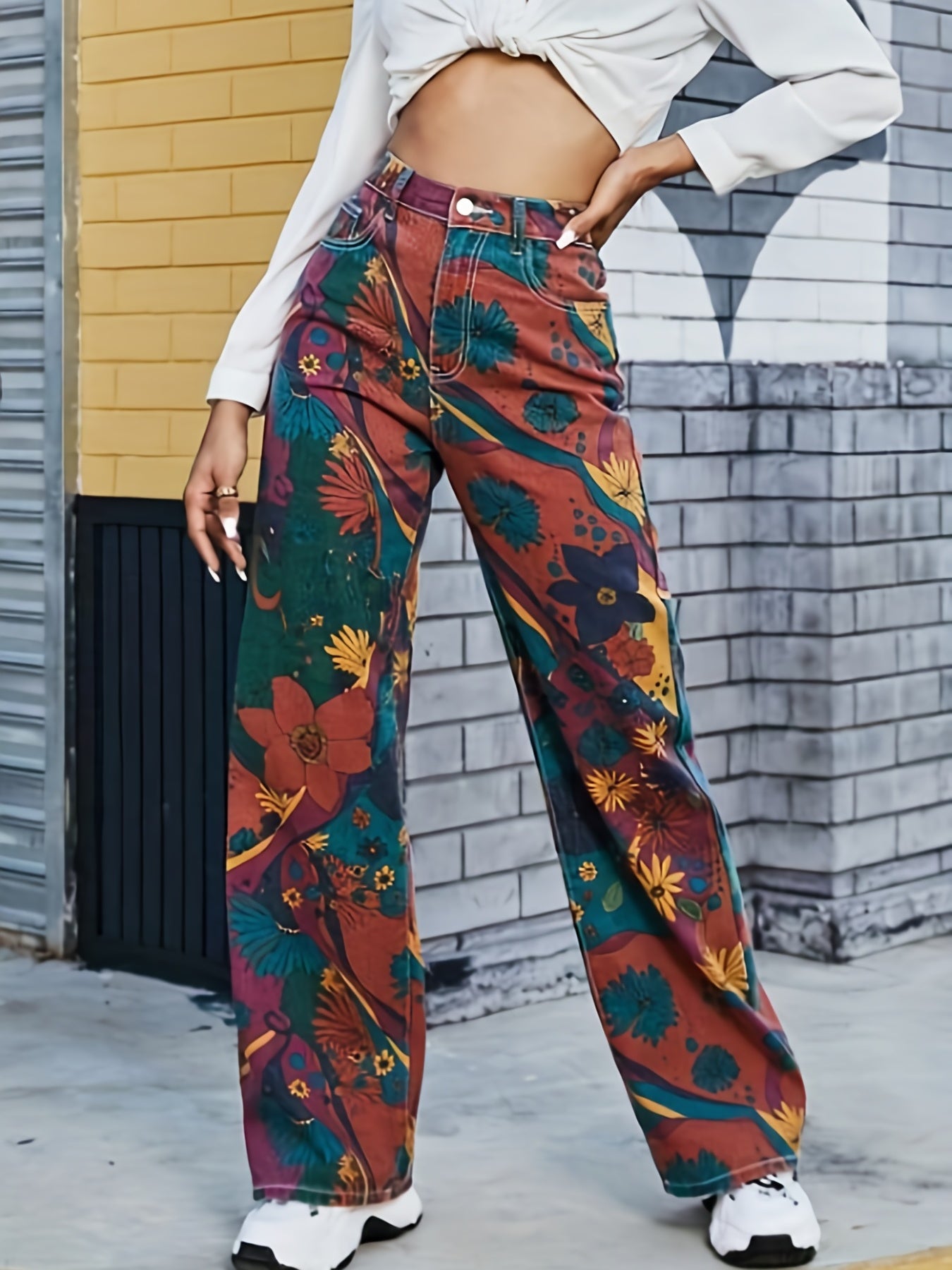 Vintage Block Denim Pants High Rise Loose Wide Leg Jeans
