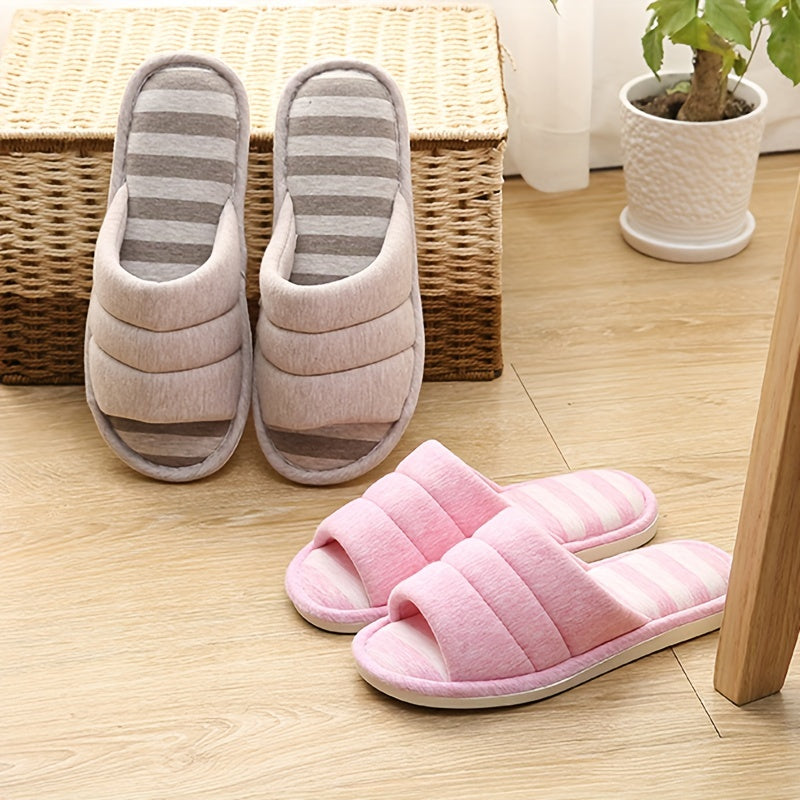Stripe Pattern Slippers Open Toe Plush Lined Shoes