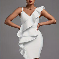Women's Ruffle Trim Asymmetric Dress V Neck Sleeveless Party Banquet Clothing