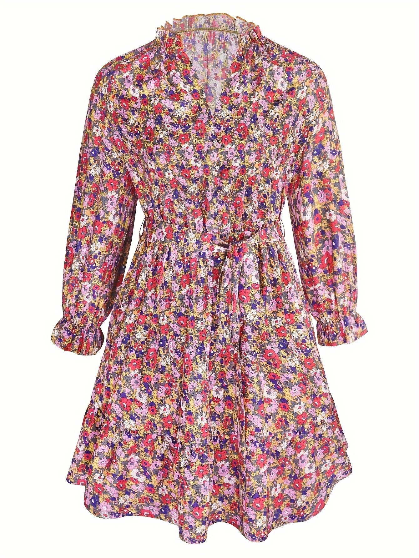 Floral Print Lantern Sleeve V Neck Dress