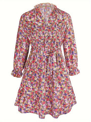 Floral Print Lantern Sleeve V Neck Dress