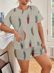 Feather Print Casual Loungewear Set Plus Size Tee & Shorts Pajama Two Piece