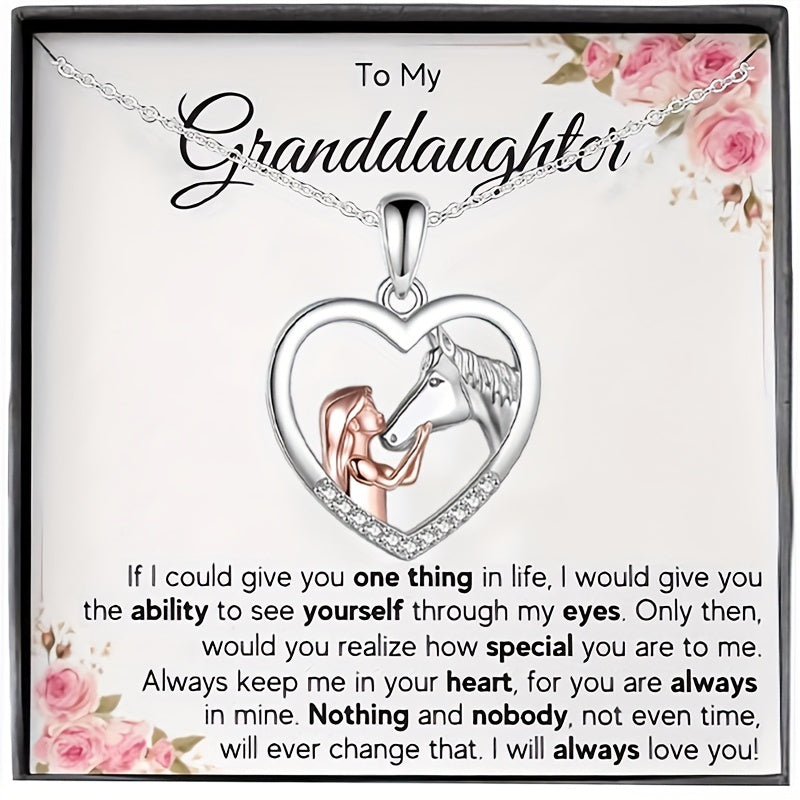 Girl's To My Granddaughter Girl And Horse Heart Pendant Necklace Card Jewelry
