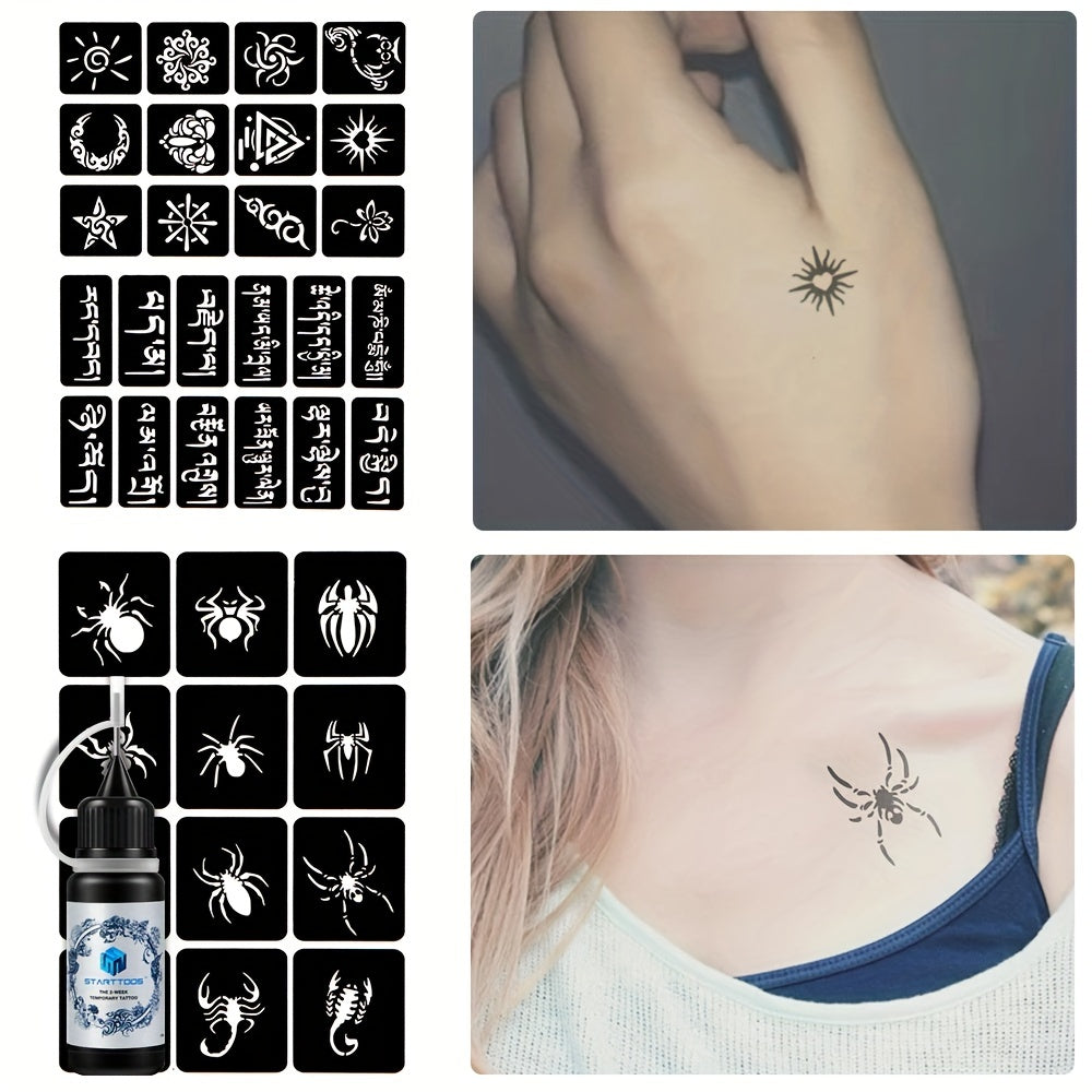 2 Sheets A4 Hollow Tattoo Stencils 1 Bottle Tattoo Dyeing Paste