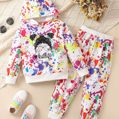 Girl's Paint Splash Pattern Cartoon Girl Hoodie & Sweatpants Set