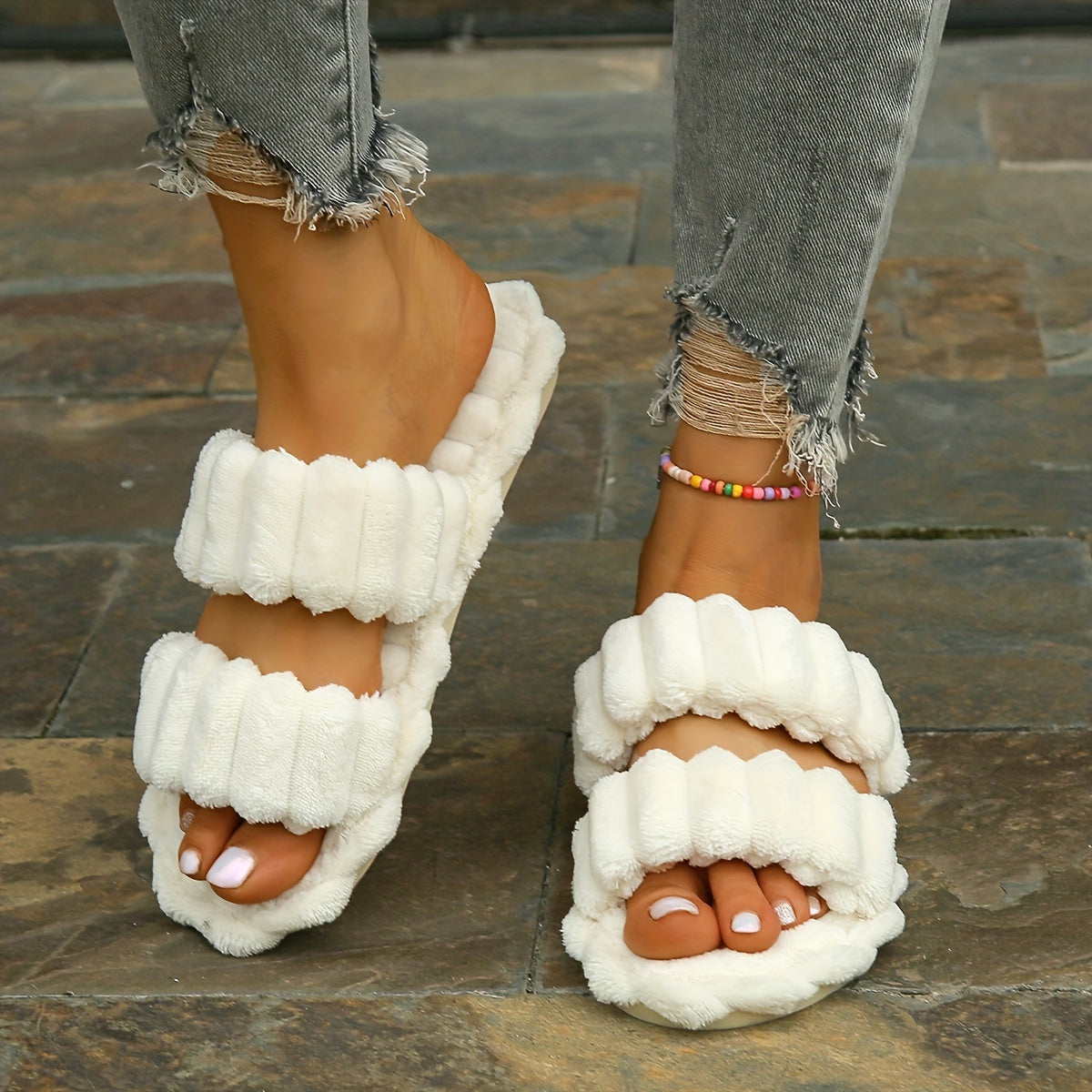 Women's Plush Double Straps Slippers Soft Open Toe Home Shoes