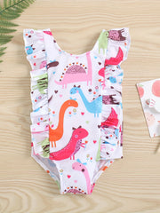 Baby Girls Dinosaur Print Ruffle Trim Swimsuit