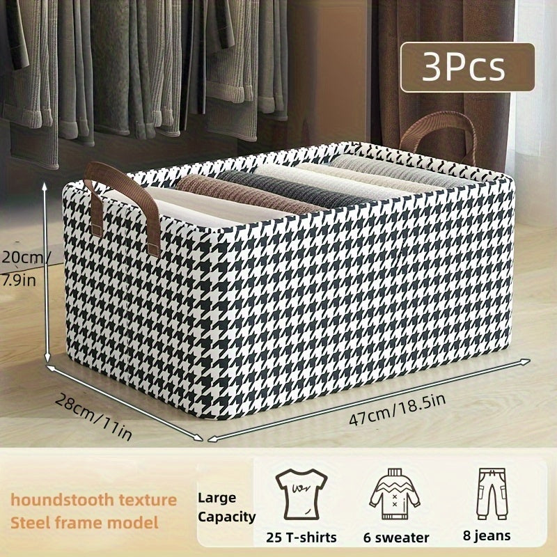 Foldable Houndstooth Texture Storage Box with Steel Frame