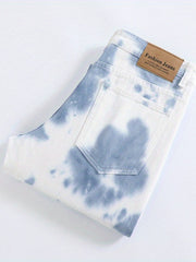 Tie Dye Slim Fit Ripped Jeans Men's Casual Street Style Denim Pants