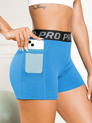 Letter Pattern High Waist Yoga Shorts With Pocket