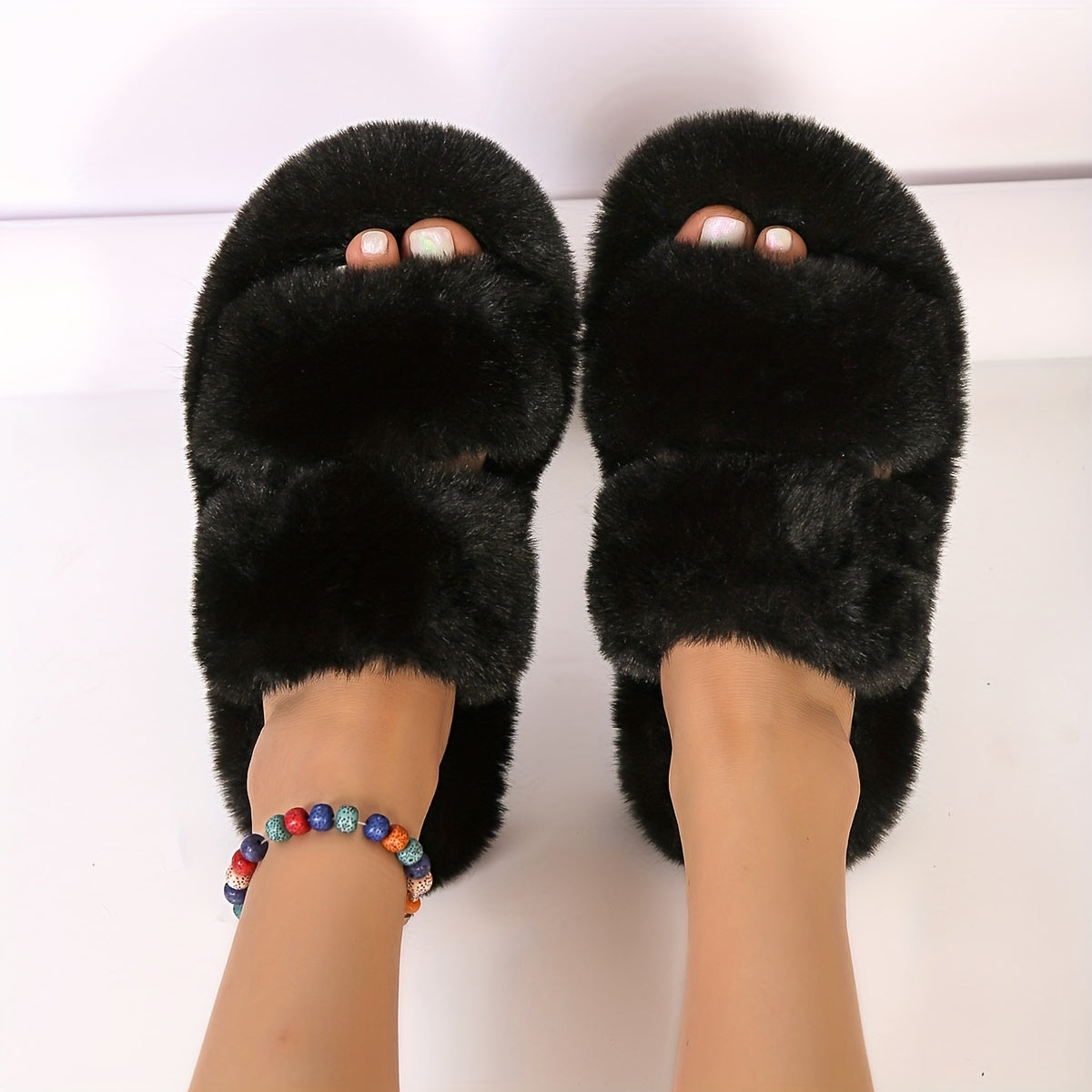 Two Bands Fluffy Indoor Slippers Open Toe Slip On Warm Plush Shoes Cozy
