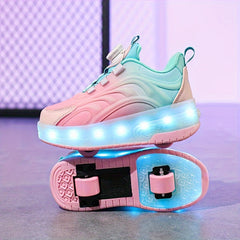 Girl's LED Roller Shoes w/ Rotating Buckle Detachable Wheels Skate Sneakers