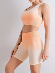 2 Pcs Gradient Yoga Clothing Suit Elastic Waist Sports Shorts Suit