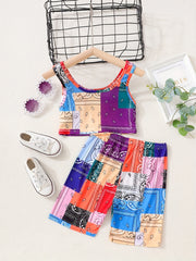 Girls' Colorful Geometric Shorts & Tank Top Set - Summer Outfit for Kids