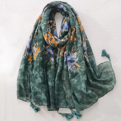 Dark Green Flower Scarf Vintage Ink Tie Dye Tassel Shawl 31 50'