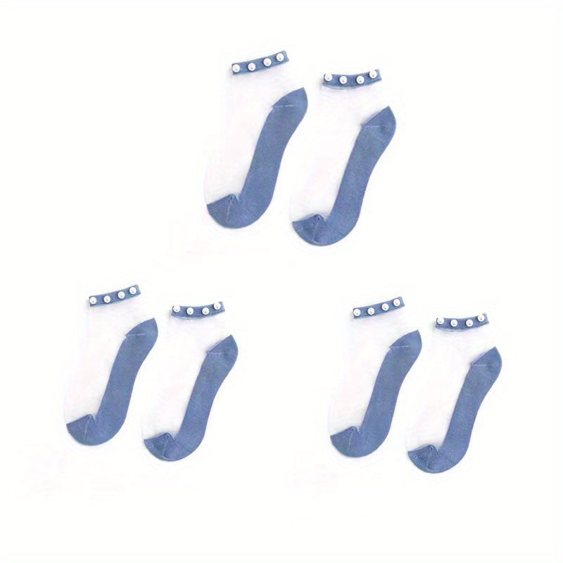 3 Pairs Girls Pearl Edge Glass Silk Crystal Socks Kids Breathable Ankle Socks
