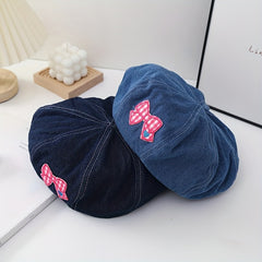 Pink Bowknot Patch Beret Denim Painter Cap Lightweight Hats