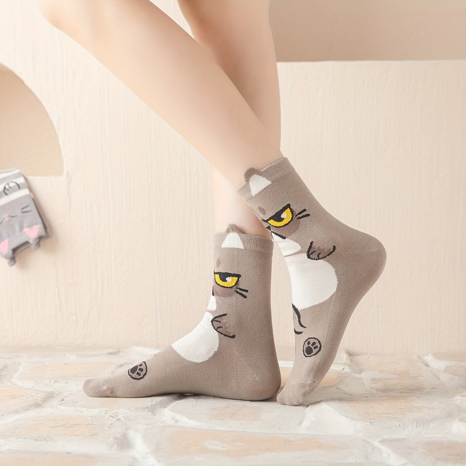 5 Pairs Cat Print Socks Lightweight Women's Stockings & Hosiery
