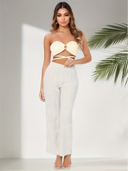 Pleated Straight Leg Pants with Elastic Waist for Women