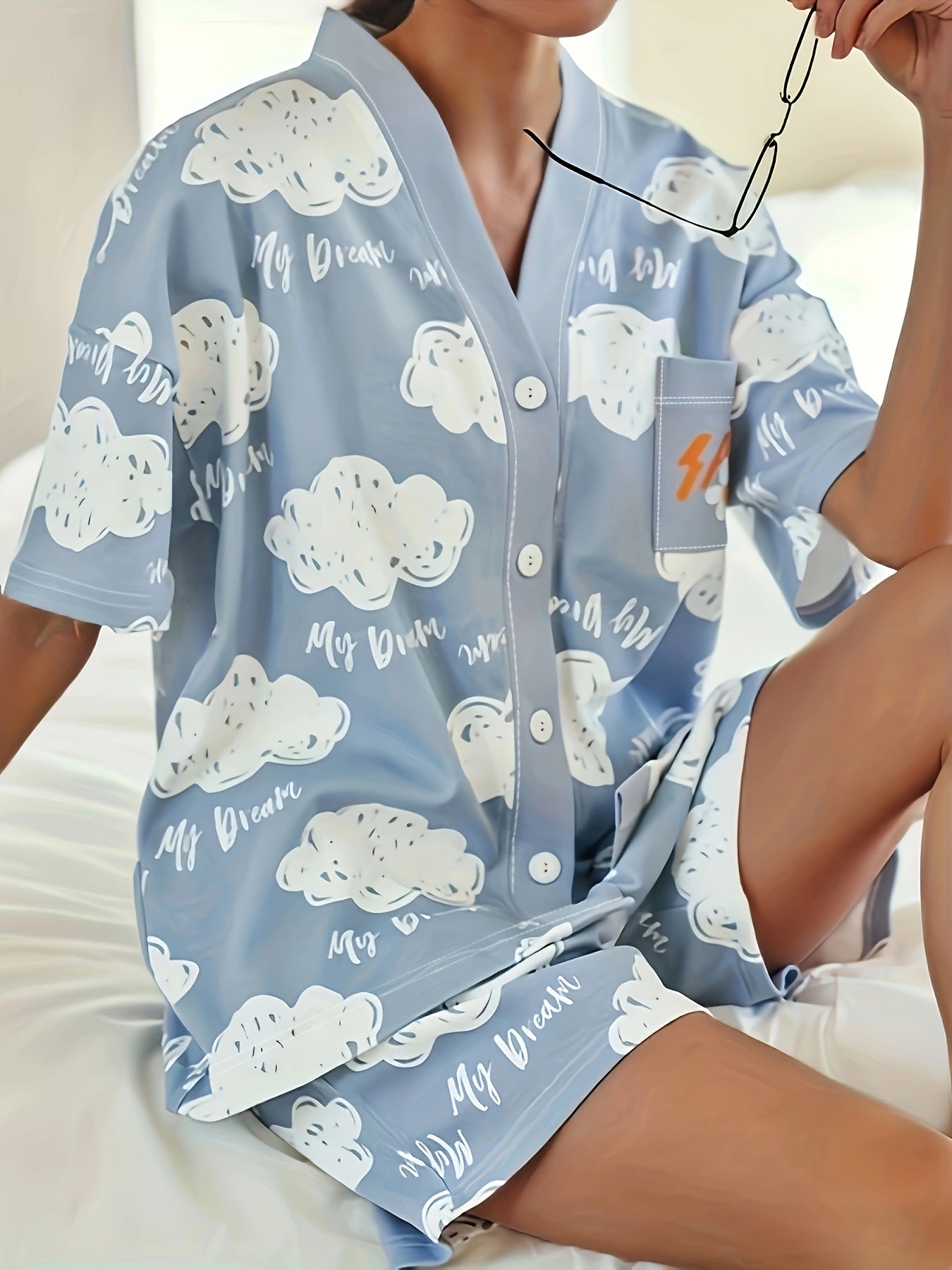 Cloud Print Lounge Set Short Sleeve Buttons Top & Elastic Waistband Shorts