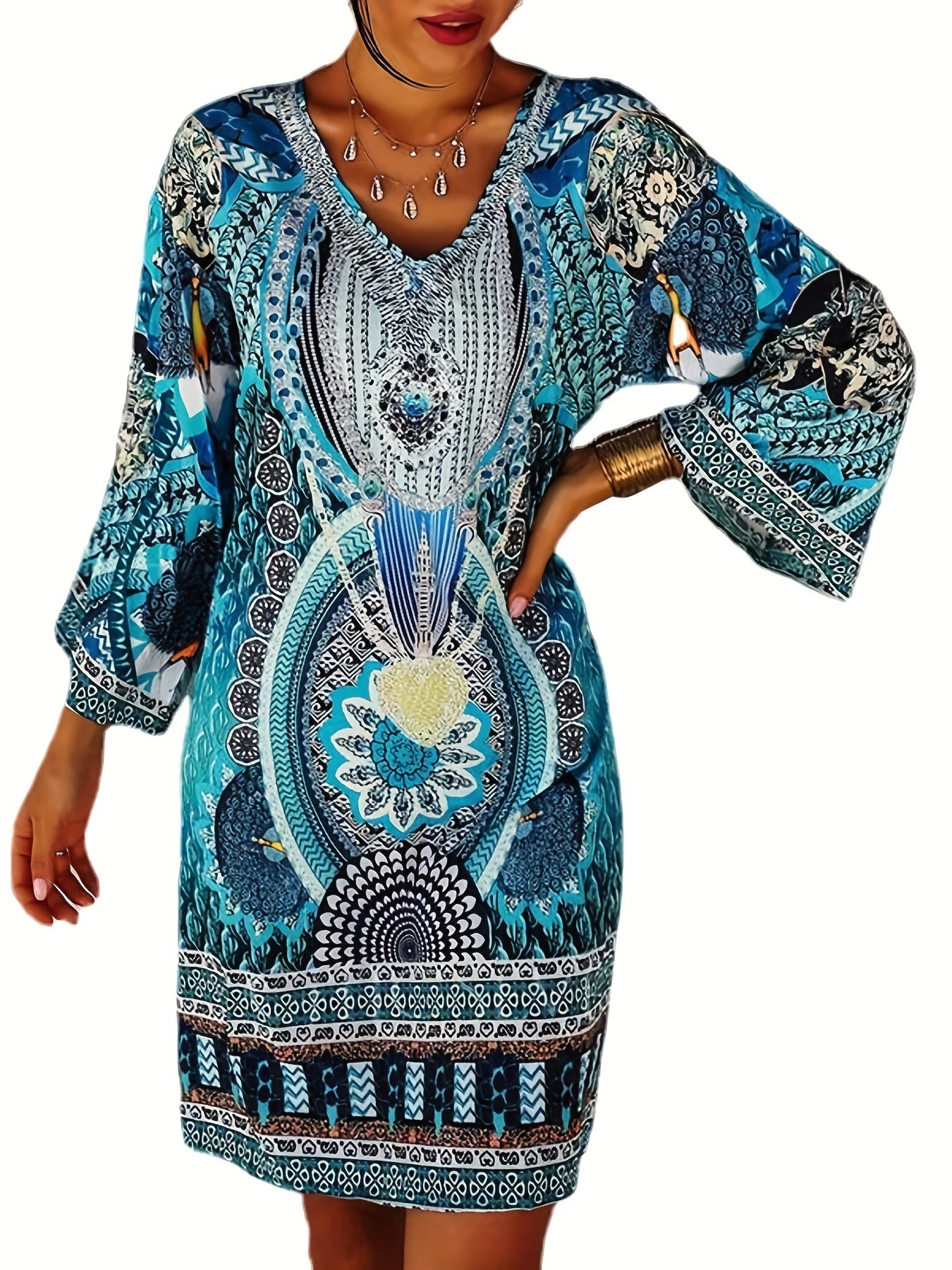 Boho Dress Women's Plus Allover Print Long Sleeve V Neck Loose Fit