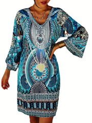 Boho Dress Women's Plus Allover Print Long Sleeve V Neck Loose Fit